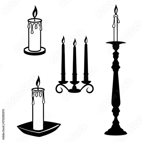 Collection of silhouette candle designs including a tall candlestick with one candle a candelabra with three candles and two individual candles on holders with dripping wax