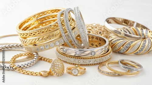 Horizontal Close-up shot of a large gold and silver jewelry pile