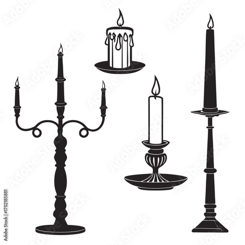 Collection of elegant black silhouette candle holders and candles featuring a candelabra a tall candlestick a decorative candle and a dripping wax candle isolated on a white background for design