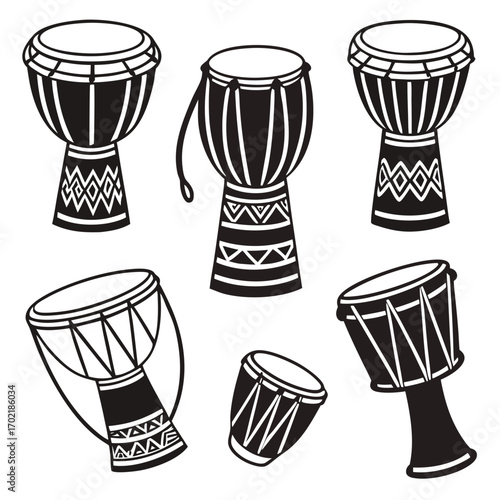 Collection of stylized djembe drums and hand drums with traditional african geometric patterns in black and white vector illustration