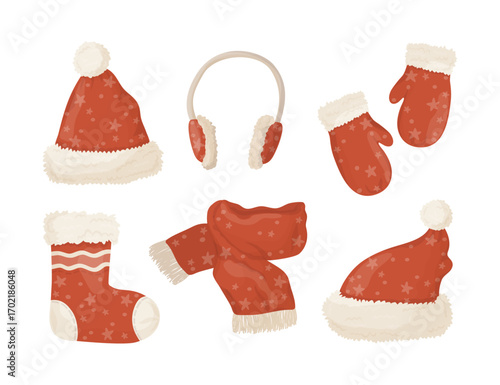 Set of red Christmas Santa Claus hats, mittens, boot, earmuffs and scarf isolated on white background. Hand drawn simple vector illustration.
