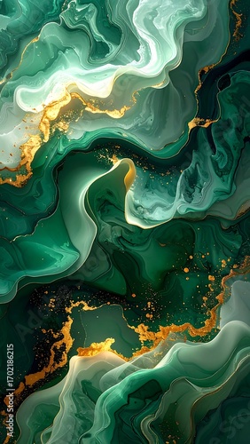 Abstract swirling emerald and gold marble