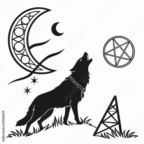 Mystical wolf howling at the crescent moon and stars with a pentagram and tribal patterns representing magic and the supernatural
