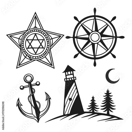 Collection of nautical and celestial icons featuring a star of david ship s wheel anchor lighthouse crescent moon and pine trees on a white background