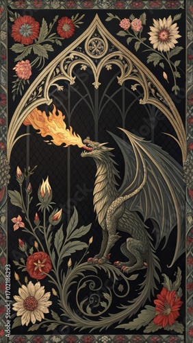 Wallpaper Mural Dark fantasy tapestry with intricate gothic floral patterns and a mythical griffin breathing fire Torontodigital.ca