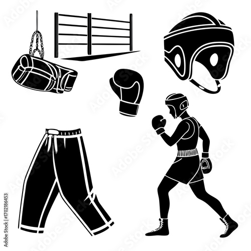 Collection of black silhouette boxing equipment and a fighter including a punching bag boxing ring gloves headgear shorts and a boxer in action on a white background
