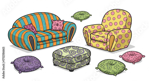 Colorful patterned sofa set with armchair, ottoman and decorative pillows illustration