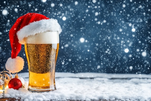 Christmas beer with Santa hat in glass and snow for winter holiday celebration