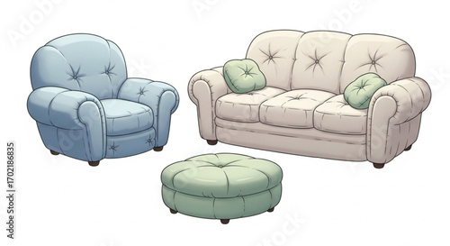 Cozy sofa set with armchair and ottoman illustration