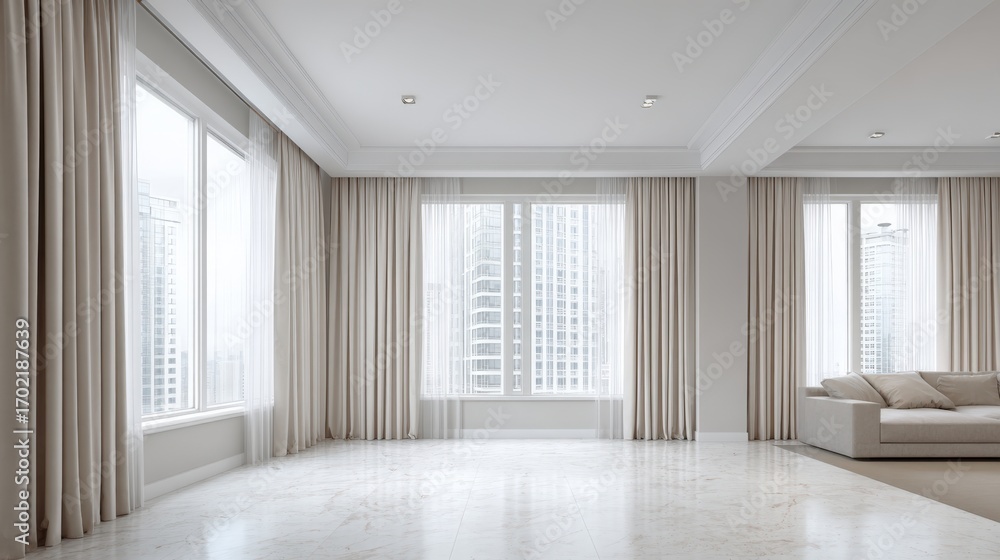 Obraz premium Bright, Airy Living Room with Neutral Decor, Large Windows and City View, Emphasizing Spaciousness and Modern Design