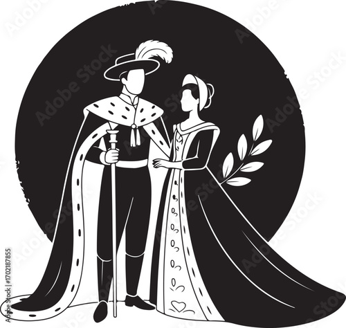 Royal couple in regal attire holding a laurel branch