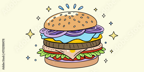 Illustration of a delicious hamburger with a sesame-topped bun, two layers of meat, cheese, tomato, and fresh lettuce. Find brilliant ideas while eating this.