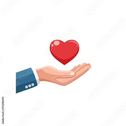 Vector illustration of a hand gently holding a floating red heart, symbolizing the act of giving love, care, support, and making a charitable donation