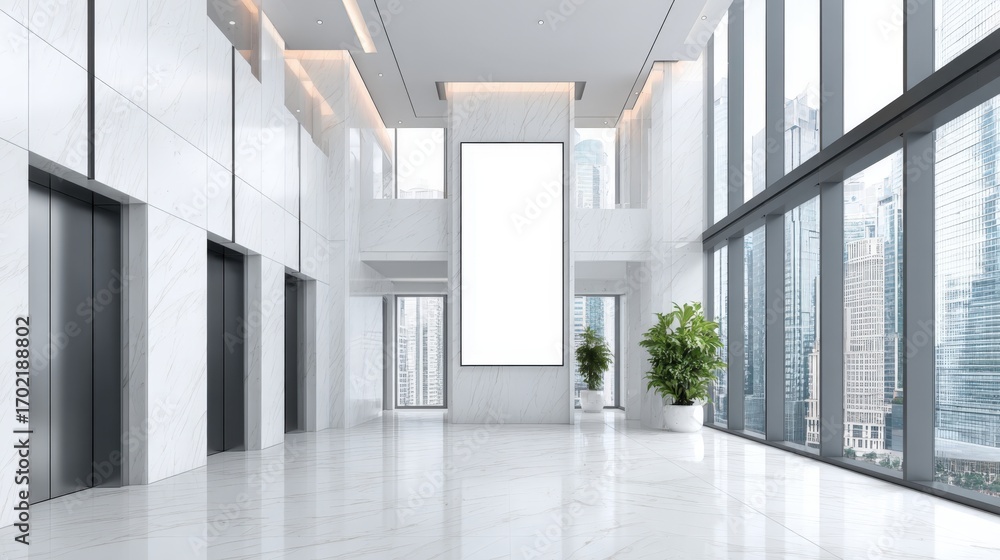 Fototapeta premium Modern Office Lobby with Blank Billboard Space, Elevators, and City Views for Advertising Mockup