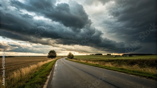 Commercial high-resolution photo of asphalt road and sky dark cloud background. Copy space image.