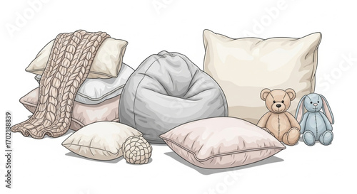 Cozy interior illustration with pillows, blanket, beanbag, and plush toys on white background