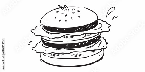 A black and white illustration of a cheeseburger. A bun with sesame seeds. Underneath, there are layers of cheese, a patty, lettuce, and vegetables. The burger looks thick and layered.