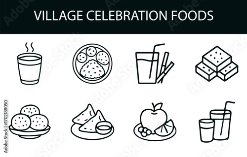 Village Celebration Foods Icon Set – Black & White Line Art of Tea, Samosa, Barfi, Fruit Platters & Traditional Snacks for Cultural Festive Projects
