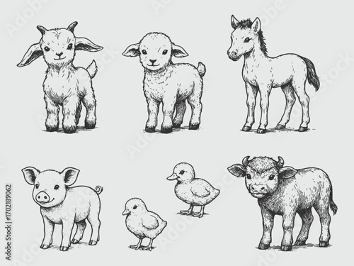 Vintage illustration of small farm animals such as lamb, foal, pig, chick, and goat, drawn in classic style.