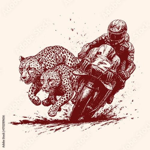 Dramatic drawing of a biker racing alongside two cheetahs, symbolizing pure speed, adrenaline, and power.