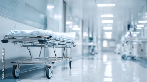 Hospital Gurney in Empty Modern Hallway - Healthcare Emergency Medical Services and Patient Transportation
