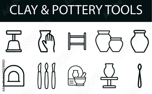 Clay & Pottery Tools Icon Set – Black & White Line Art of Kilns, Pottery Wheels, Sculpting Tools, Clay Vessels & Craft Equipment for Ceramic Workshops