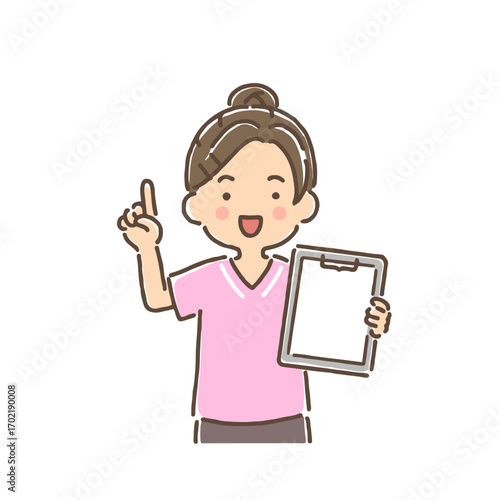 クリップボードを持ち人差し指を立てている若い女性看護師（フルカラー）