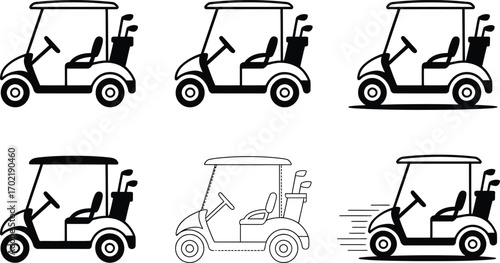 Collection of Golf Cart Icons with Golf Clubs