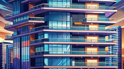 Fragment of a modern apartment tower, featuring layered balconies, reflective glass surfaces, and elegant lighting fixtures, offering a luxurious and cutting-edge perspective on city life and stylish 