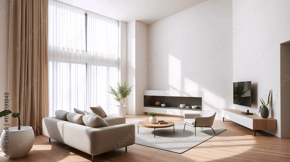 Fototapeta premium Bright Living Room with Large Windows