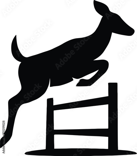 Minimal vector silhouette, deer jumping over fence rail, knees tucked, side profile, solid black