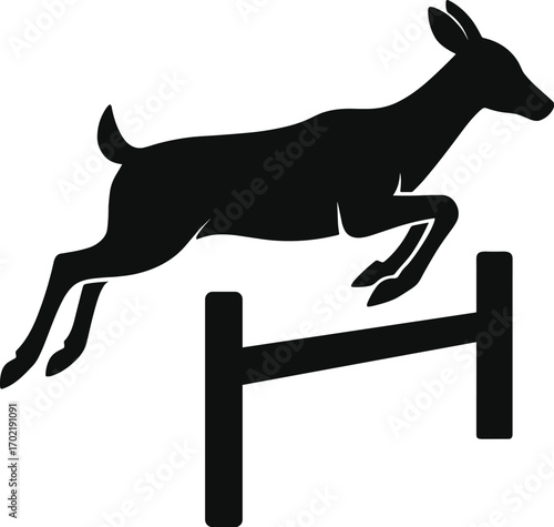 Minimal vector silhouette, deer jumping over fence rail, knees tucked, side profile, solid black