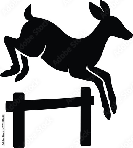 Minimal vector silhouette, deer jumping over fence rail, knees tucked, side profile, solid black