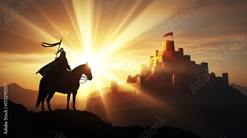 Majestic Knight on Horseback Approaches Epic Castle at Sunrise Silhouette