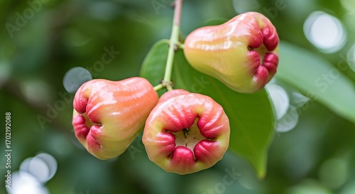 Fresh, vibrant rose apples (wax jambu) ripening on a tree branch with lush green foliage background.