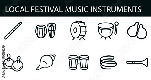 Local Festival Musical Instruments Icon Pack – Flute, Tabla, Trumpet & Percussion for Cultural Celebrations