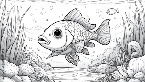 Detailed black and white illustration of a fish swimming in its natural habitat