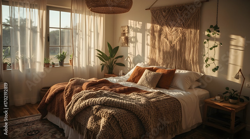 A cozy bedroom bathed in warm, golden sunlight streaming through sheer curtains, featuring a bed with textured blankets and pillows, macrame wall art, and hanging plants.