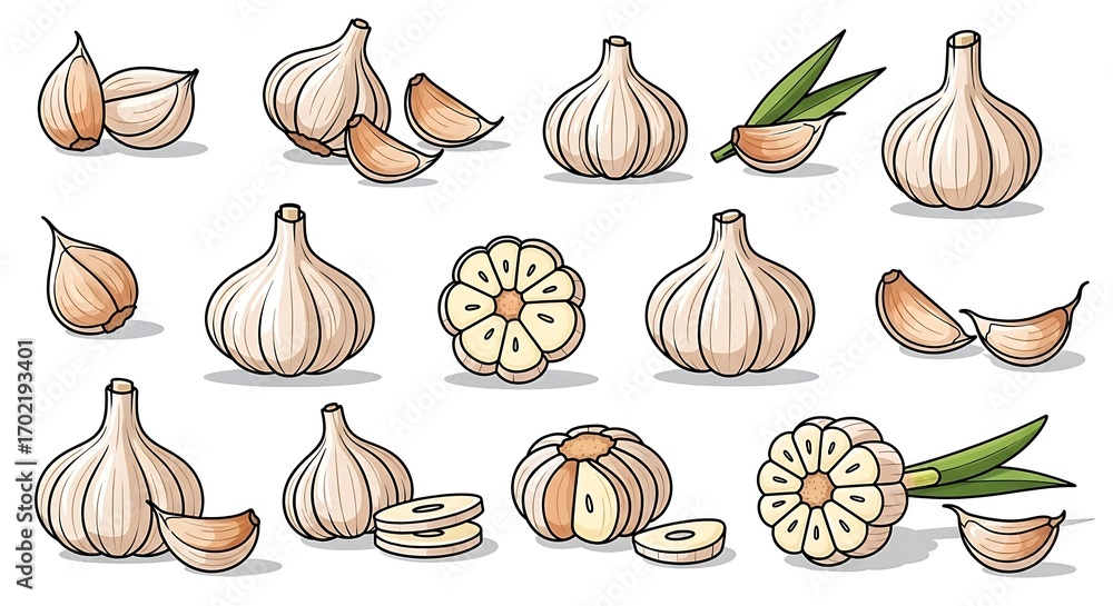 Fototapeta premium Various Garlic Bulbs and Cloves Illustration Set for Culinary Design.