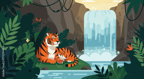 Majestic Tiger Resting Near Lush Jungle Waterfall Scene