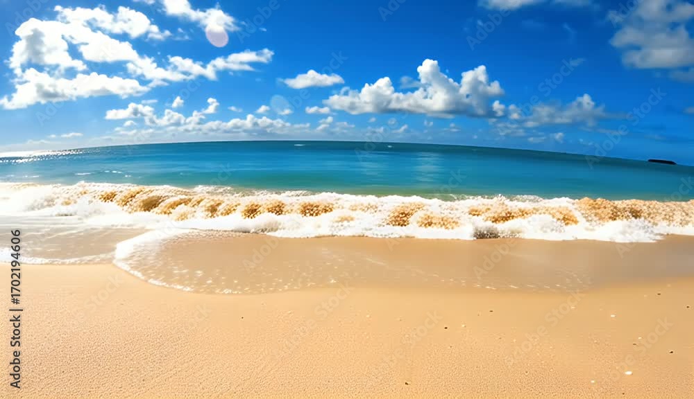 Tropical beach with golden sand and turquoise ocean waves under blue sky Tropical beach with golden sand and turquoise ocean waves under blue sky