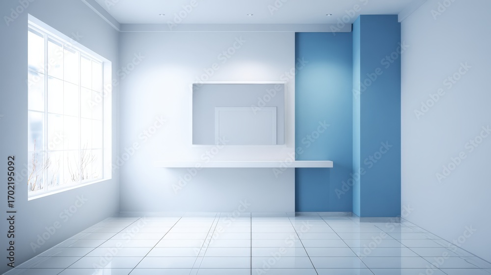 Obraz premium Modern Minimalist Interior with Blue Accent Wall and Ample Natural Light From Large Window