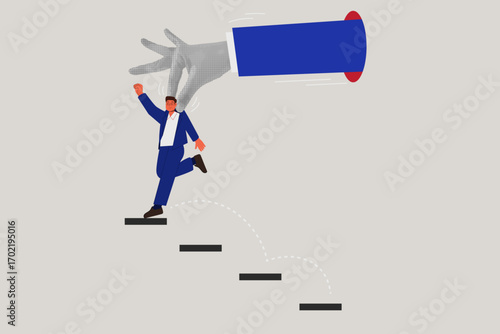 Trendy halftone collage. Big hand help businessman jump on stair to success. Business leaders assistance to the business success. Stair step to success concept. Vector Illustration