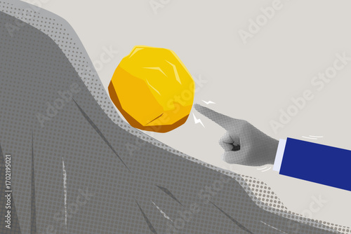 Trendy halftone collage. Hand of businessman pushing huge stone up the hill. Business problem crisis hardship and burden concept. Vector Illustration