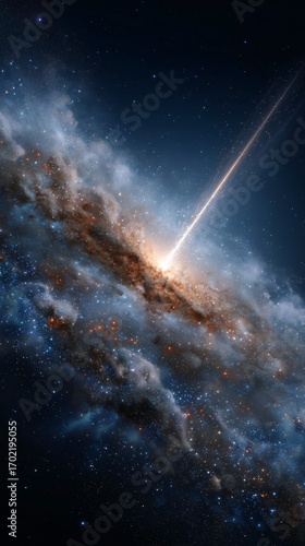 cinematic shot of a galaxy with a powerful, cosmic ray shooting out from its center