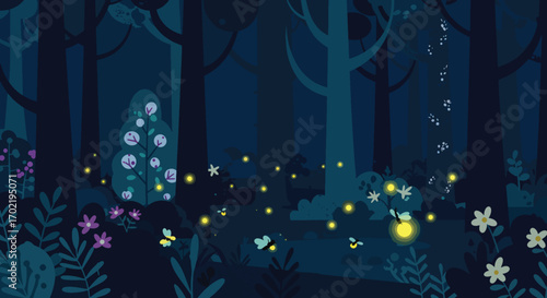 Enchanting Fireflies Illuminating a Mystical Forest at Night