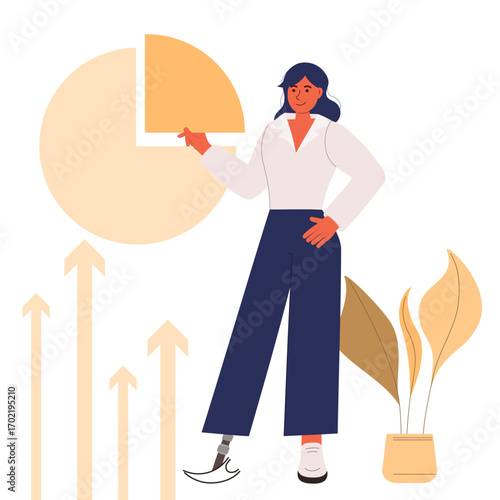 Disabled happy businesswoman with strategy, planning, digital advertising, social media and communication concept. Vector Illustration.