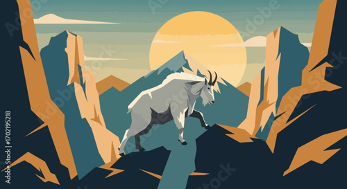 Majestic white mountain goat navigates rugged rocky terrain