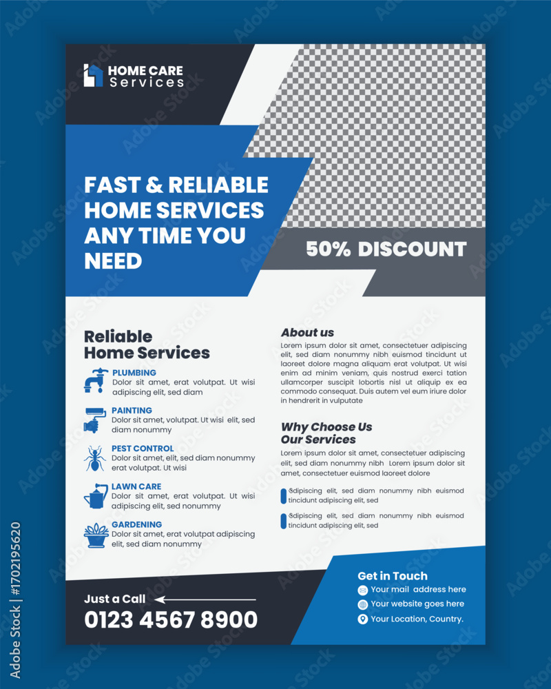 Fototapeta premium Home Services Flyer Design Template for Professional Plumbing Electrical Painting Lawn Care and Gardening Solutions Suitable for Advertising Posters and Print Marketing
