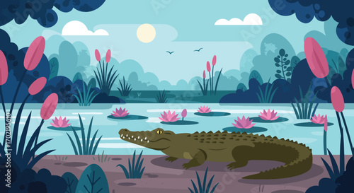 A green alligator with sharp teeth rests on the muddy bank of a tranquil swamp.